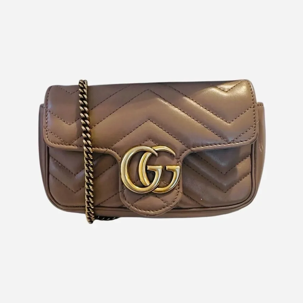 Gucci Marmont double G mini Beige Leather Crossbody Bag with Gold Chain - Picture 2 of 11